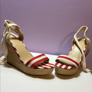 Striped Red and White Wedge Sandals